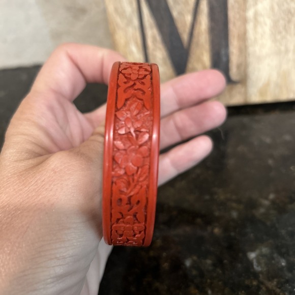 Vintage Red Carved Chinese Cinnabar Bangle Bracelet Peach Blossum Branch - Picture 4 of 5